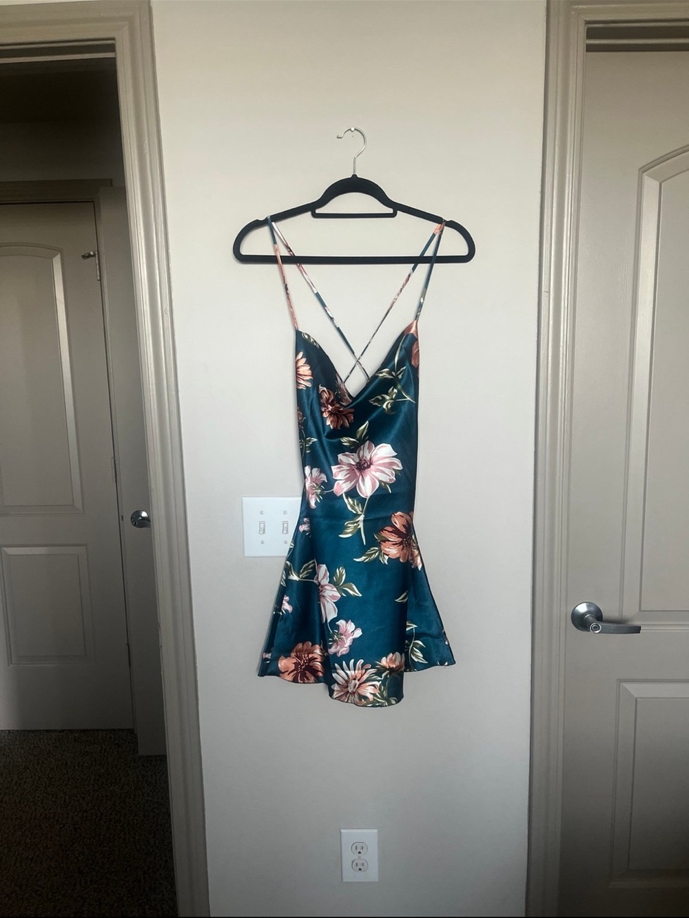 Teal Floral Mini Dress with Pink & Peach Blooms